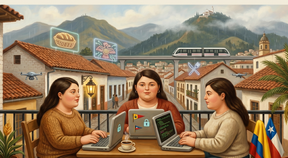Botero-inspired illustration of three women working on laptops on a balcony in a futuristic Bogotá — La Candelaria brick rooftops, the Cerros Orientales rising behind them, a maglev TransMilenio gliding through the middle distance.